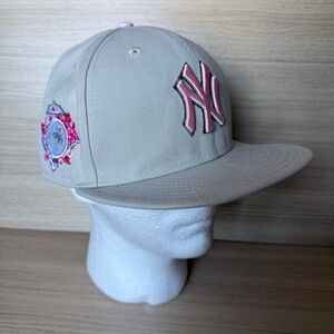 New Era Beige Hat with Pink NY Logo